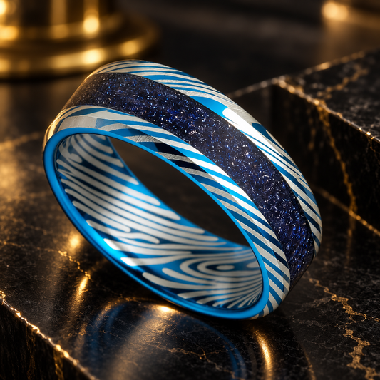 Blue Damascus Tungsten Ring
