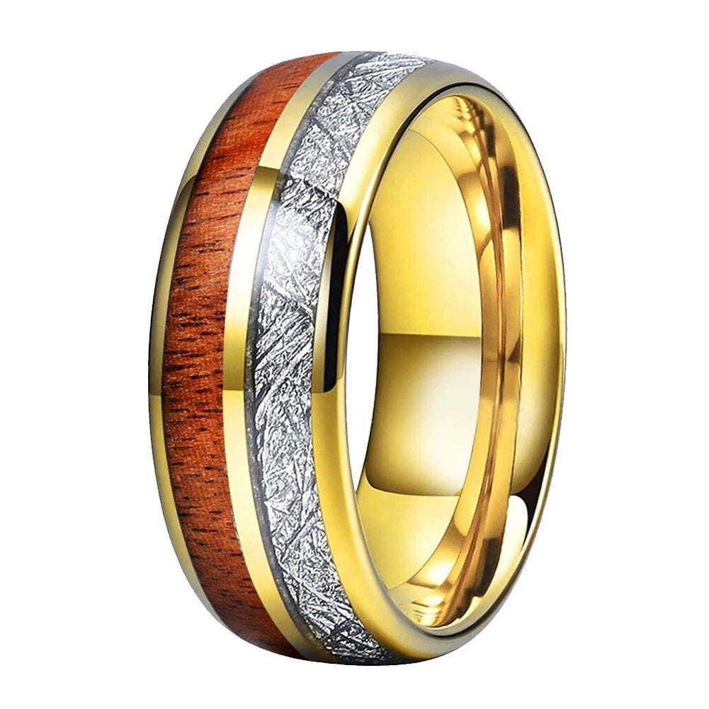 Koa Wood and Meteorite Inlay Tungsten Ring