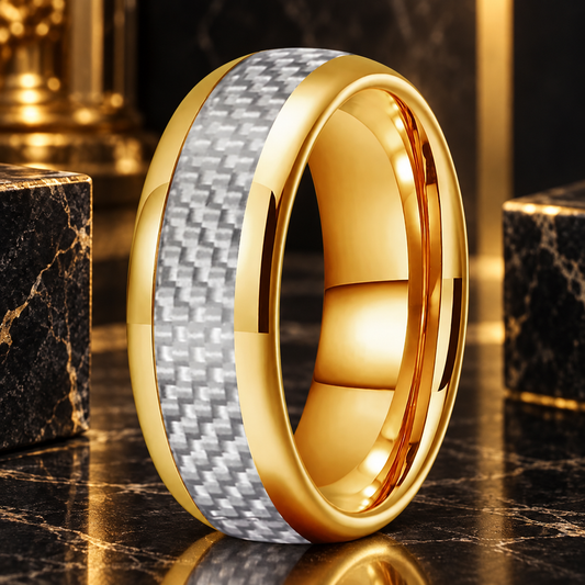 Tungsten Ring With White Carbon Fiber Inlay