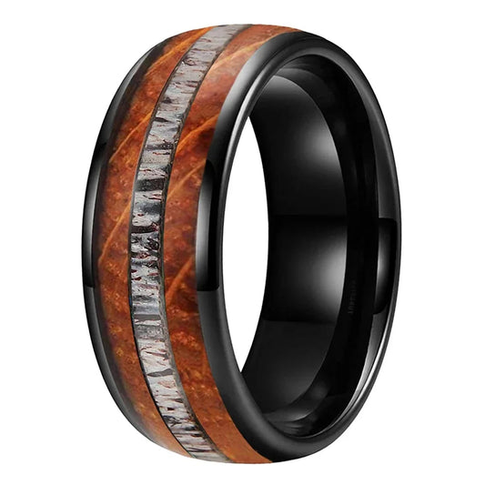 Whiskey Barrel and Deer Antler Inlay Black Tungsten Ring