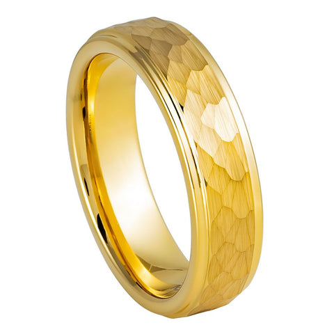 Hammered Center with Stepped Edges in Yellow Gold Tungsten Carbide - 6mm