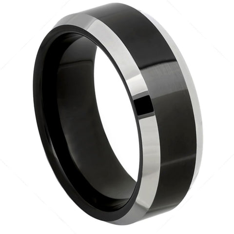 Black Tungsten Ring with Shiny Steel color Beveled Edges-8mm
