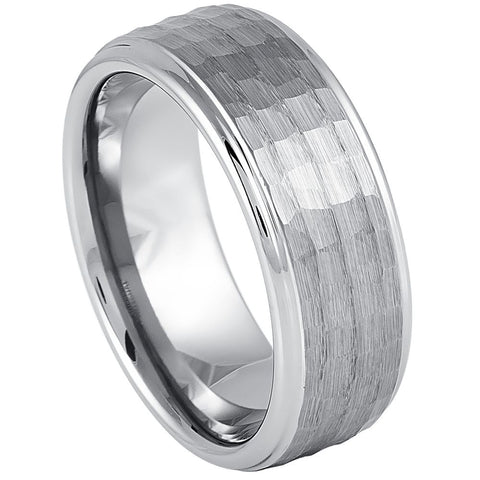 Hammered Center with Stepped Edges in Gray Tungsten Carbide - 9mm