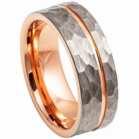 Grooved Hammered Finish Tungsten Brushed Ring with Rose Gold-8mm