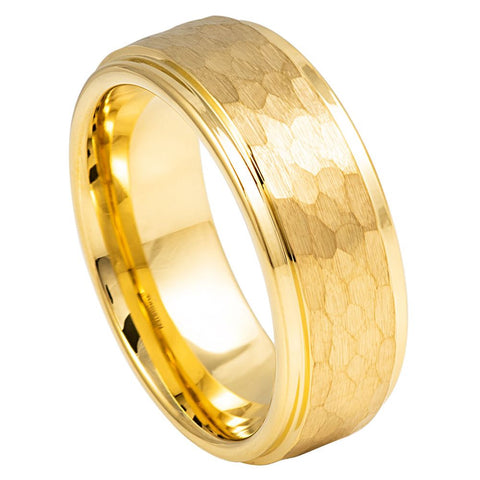 Hammered Center with Stepped Edges in Yellow Gold Tungsten Carbide - 8mm