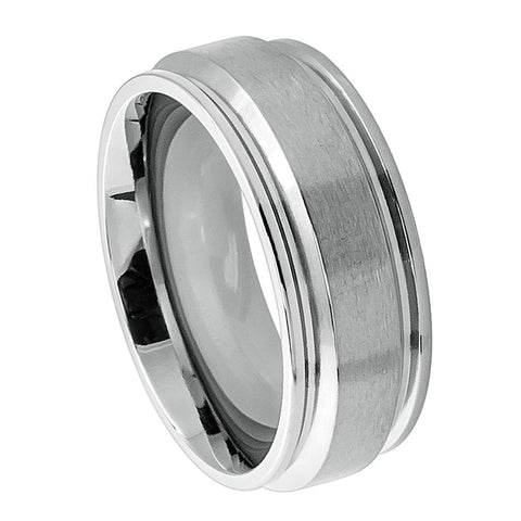 Titanium Ring Brushed Raised Center & Leveled Step Down Edges-8mm