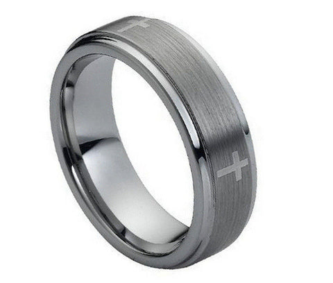 Tungsten Cross Ring with Brushed Finish Center-7mm