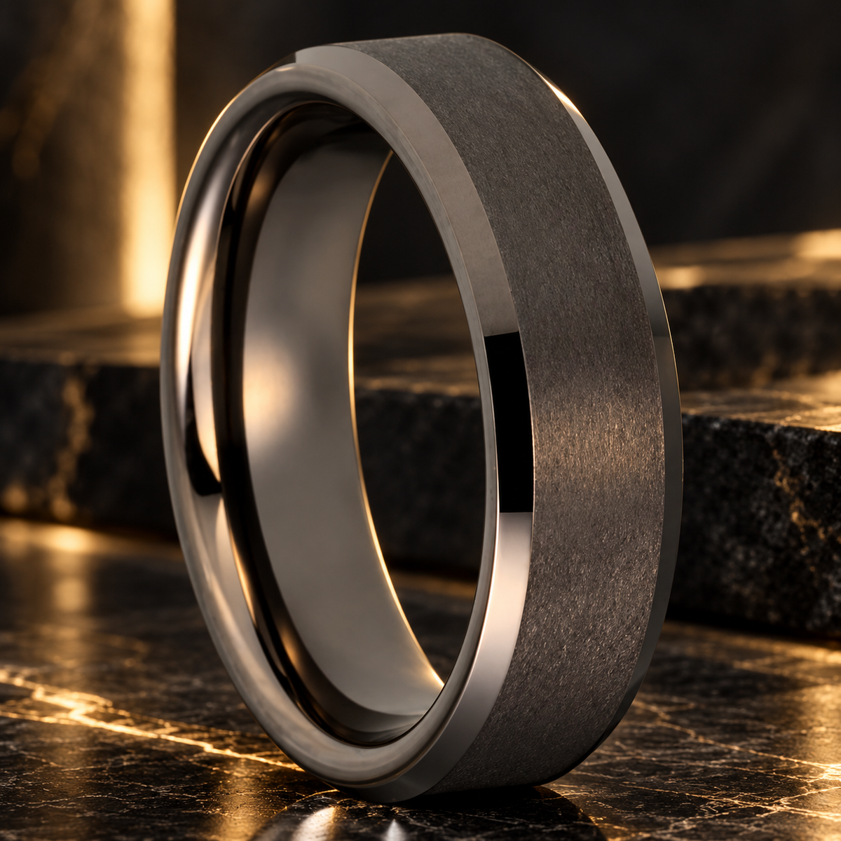 Beveled Matte Gunmetal Tungsten Ring