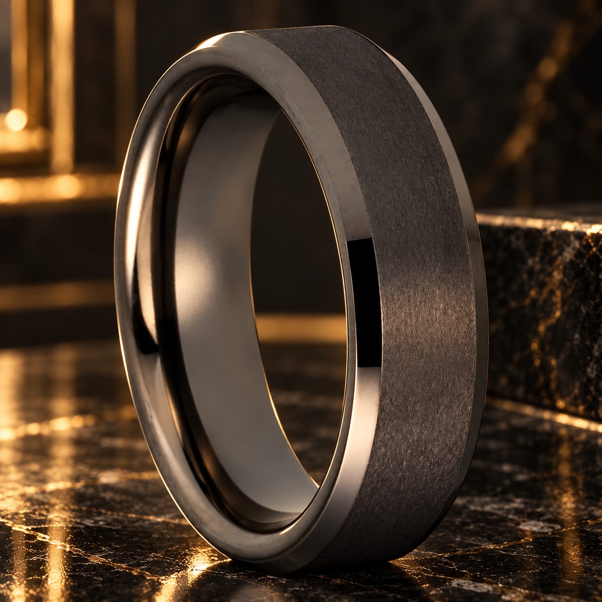 Beveled Matte Gunmetal Tungsten Ring
