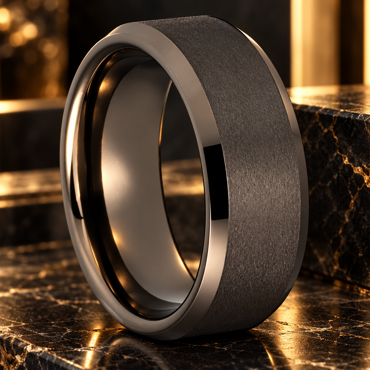 Beveled Matte Gunmetal Tungsten Ring
