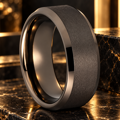 Beveled Matte Gunmetal Tungsten Ring