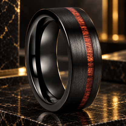 Black Tungsten Ring With Wood Inlay