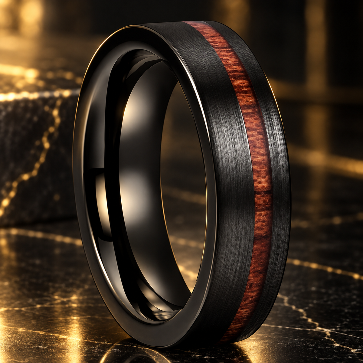 Black Tungsten Ring With Wood Inlay