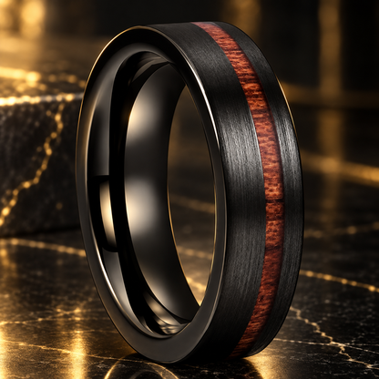 Black Tungsten Ring With Wood Inlay