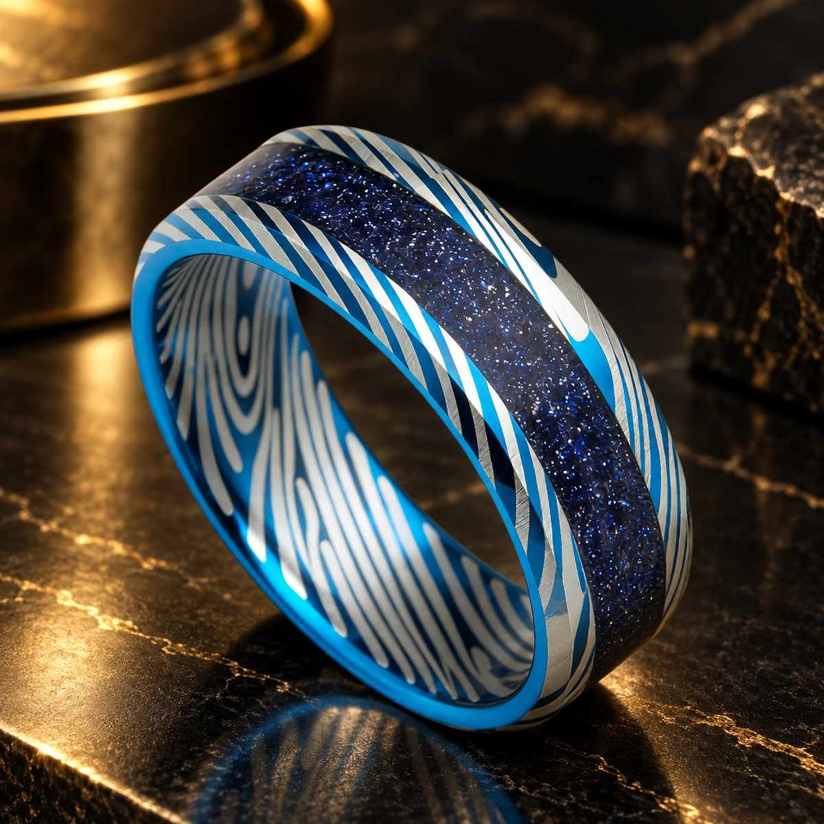 Blue Damascus Tungsten Ring