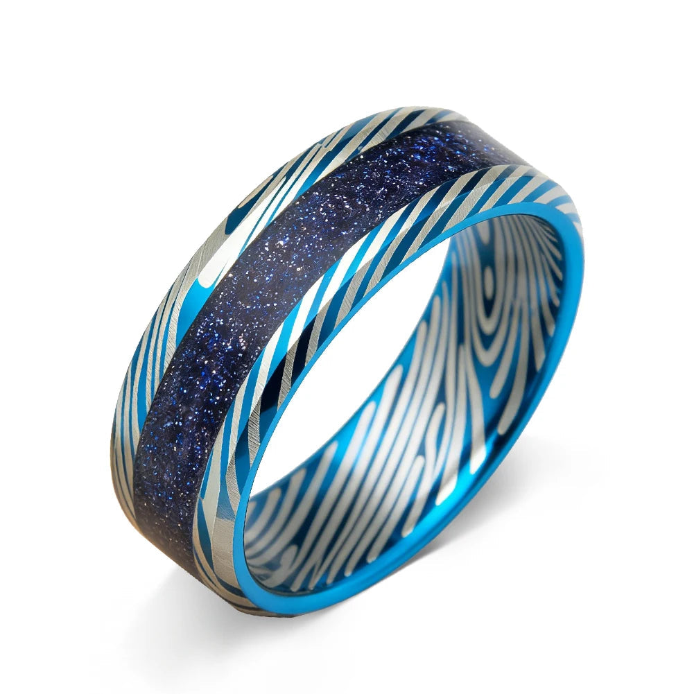 Blue Damascus Tungsten Ring