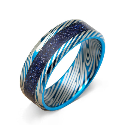 Blue Damascus Tungsten Ring