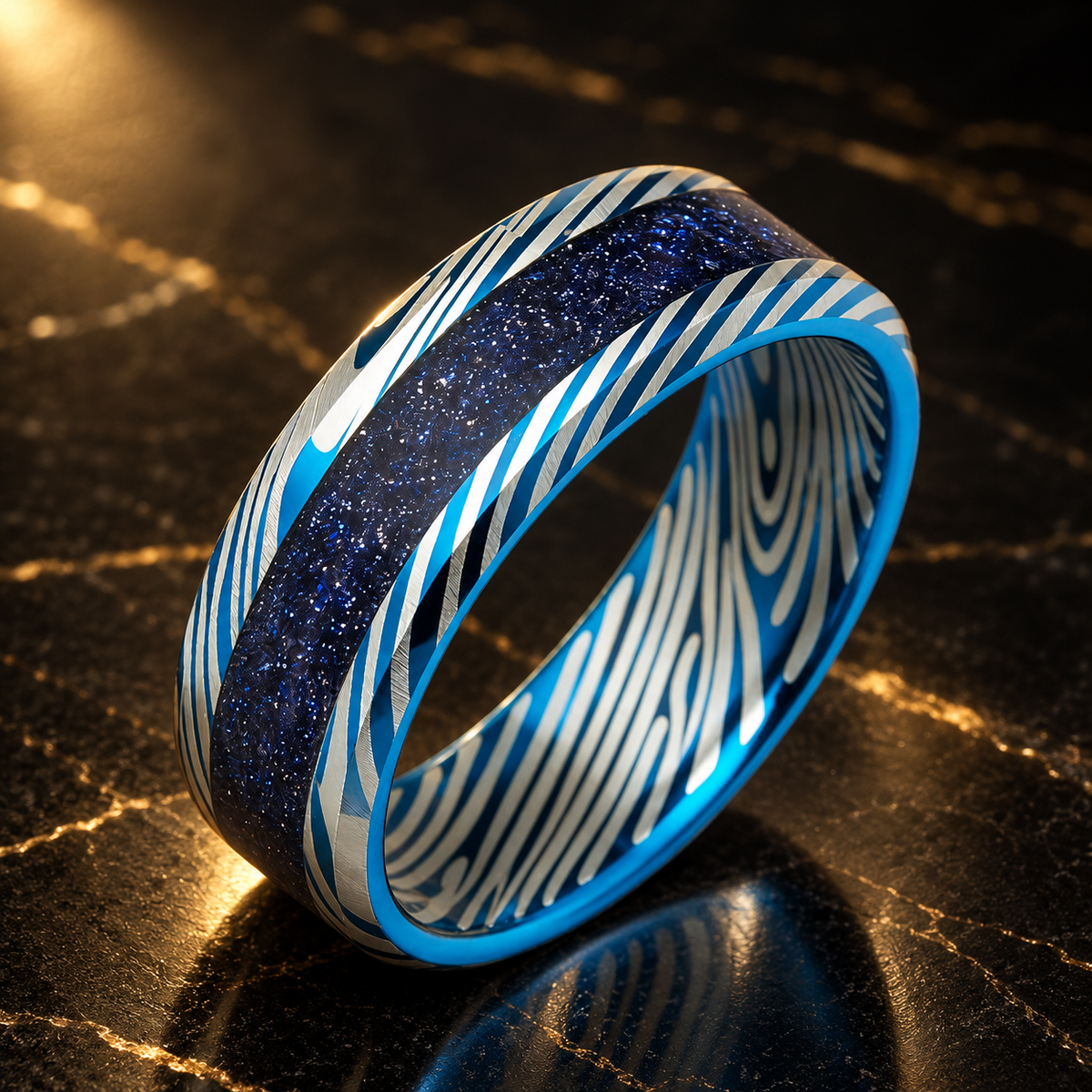 Blue Damascus Tungsten Ring