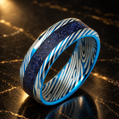 Blue Damascus Tungsten Ring