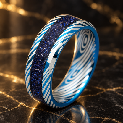 Blue Damascus Tungsten Ring