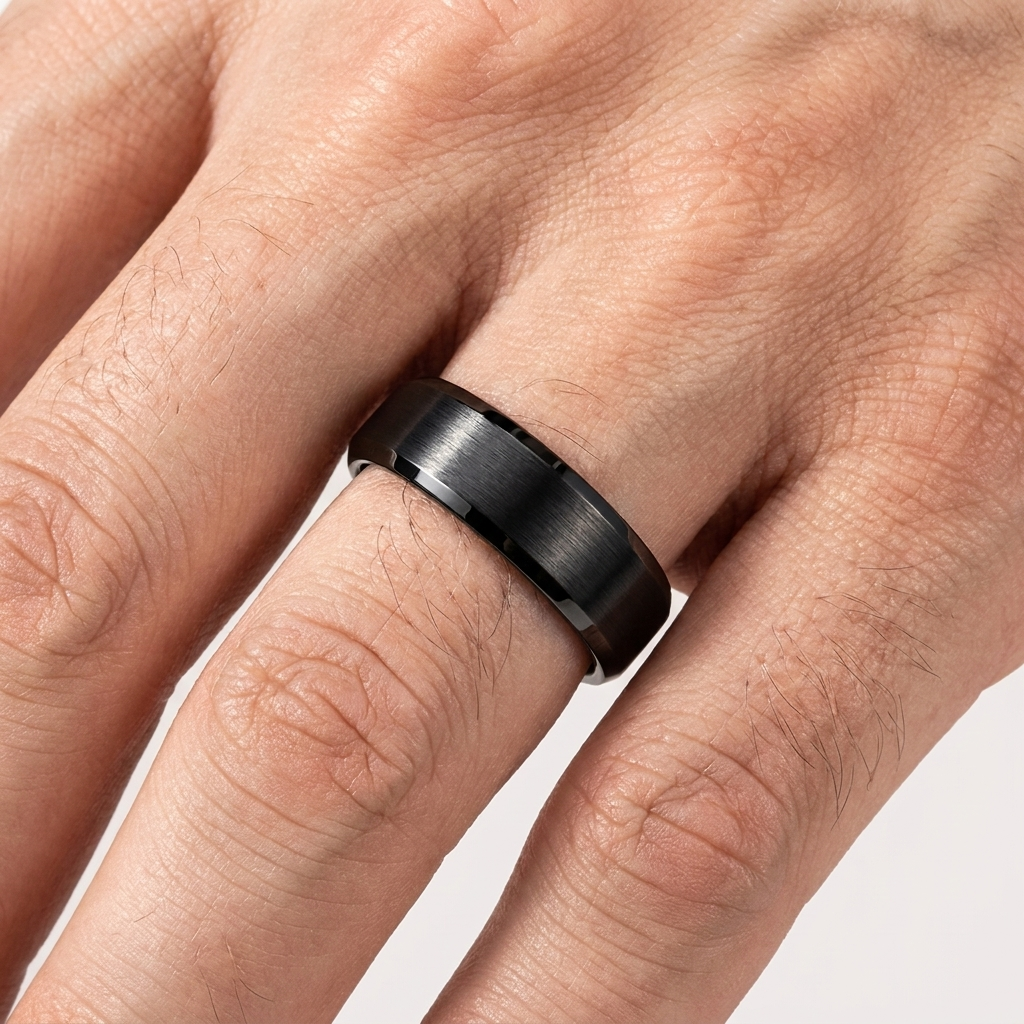 Brushed Black Tungsten Ring With Beveled Edges
