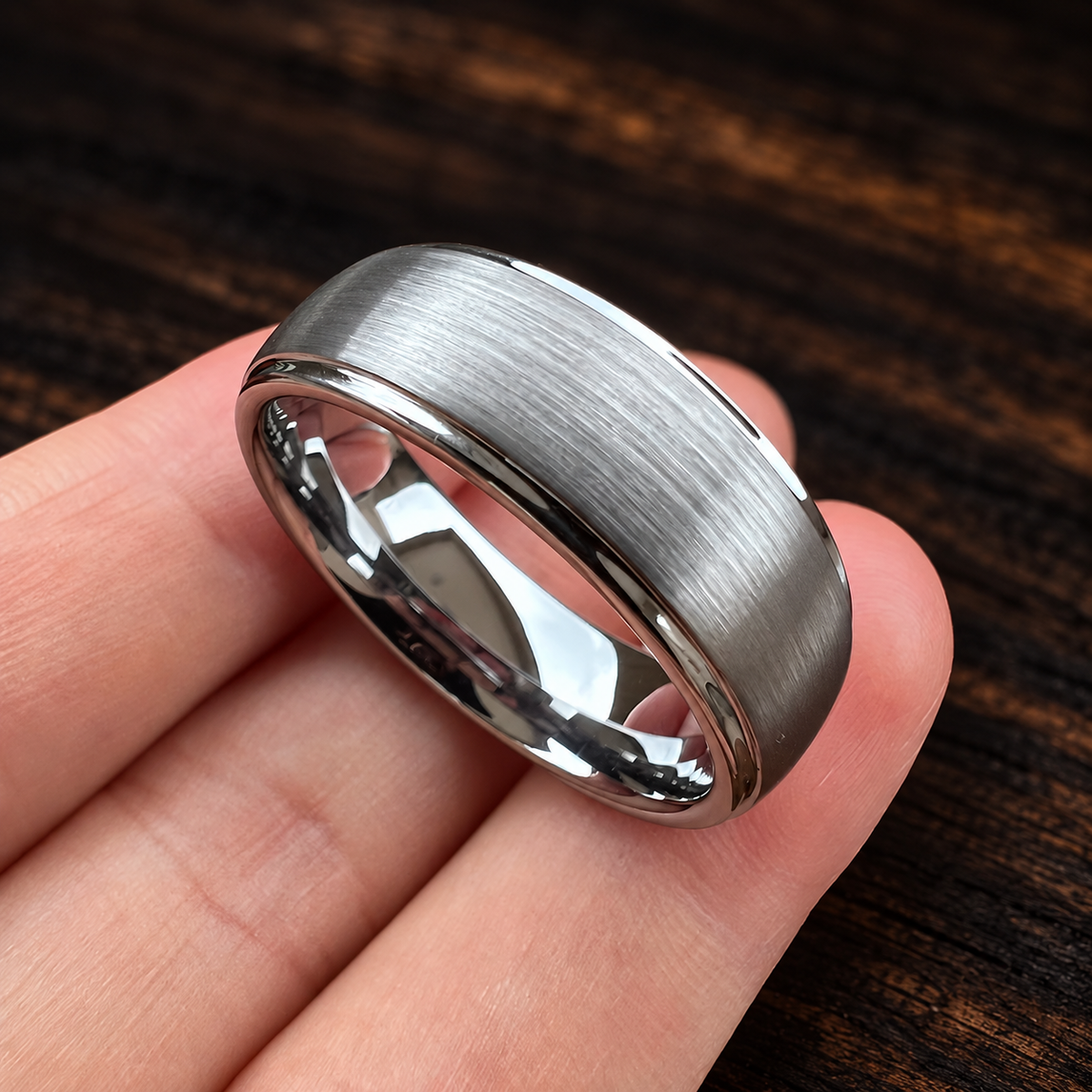 Brushed Silver Tungsten Ring With Polished Edges