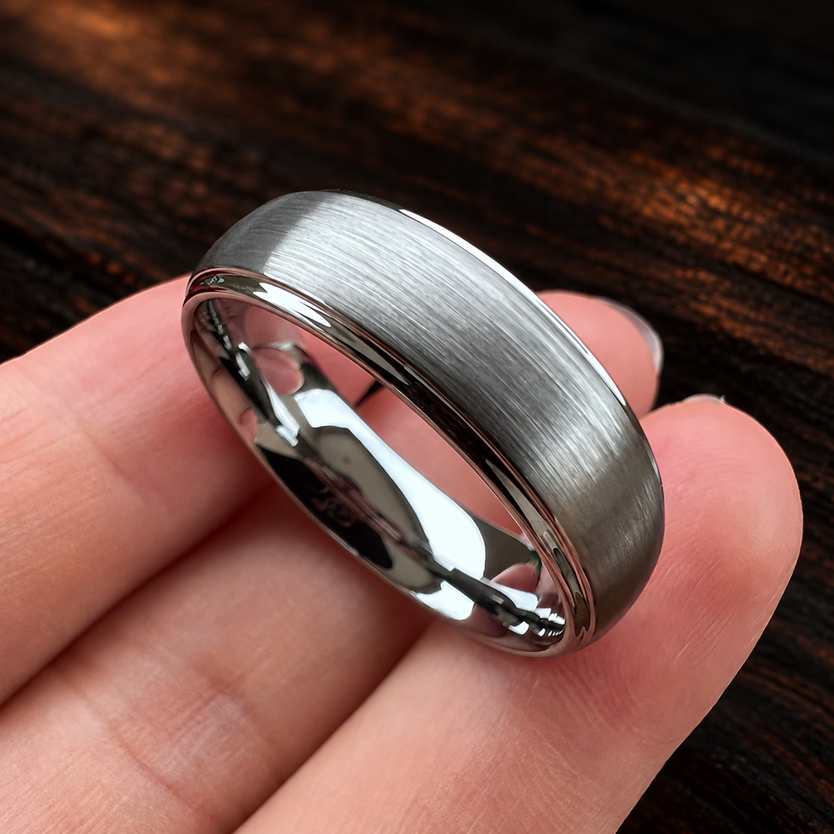 Brushed Silver Tungsten Ring With Polished Edges