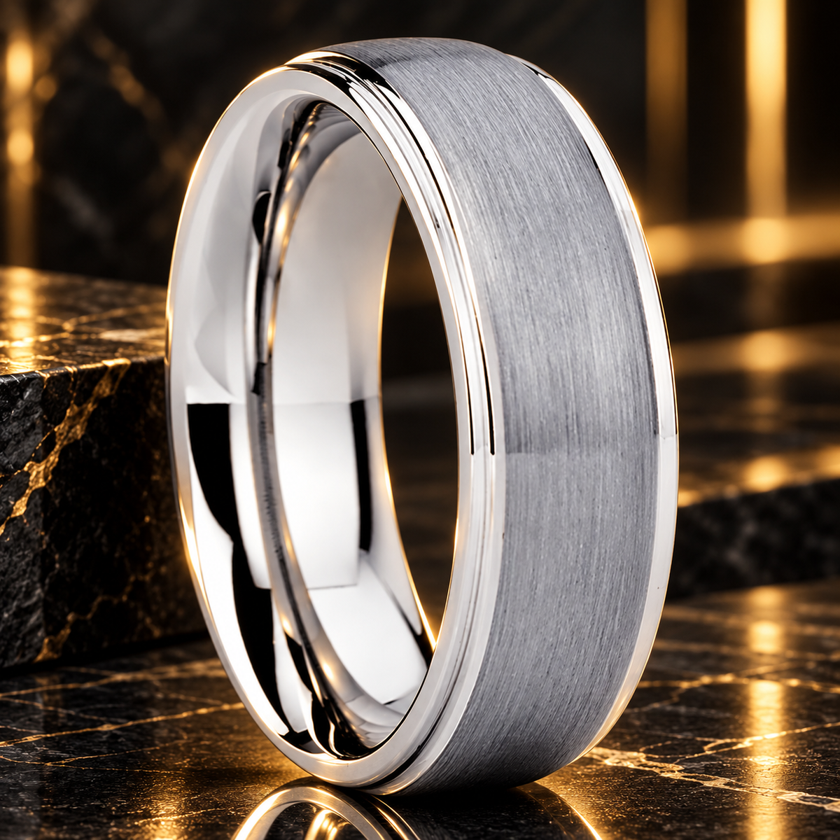 Brushed Silver Tungsten Ring With Polished Edges