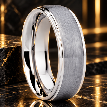 Brushed Silver Tungsten Ring With Polished Edges