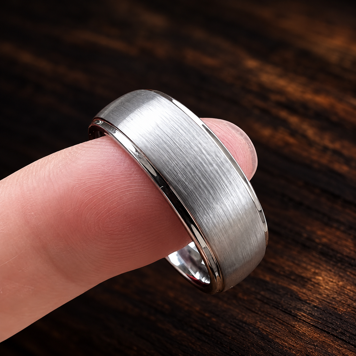 Brushed Silver Tungsten Ring With Polished Edges