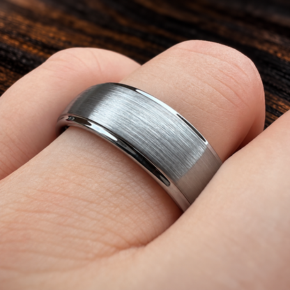 Brushed Silver Tungsten Ring With Polished Edges