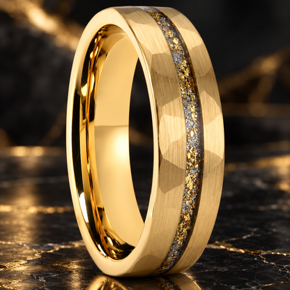 Hammered Gold Tungsten Ring With Gold Leaf and White Opal 