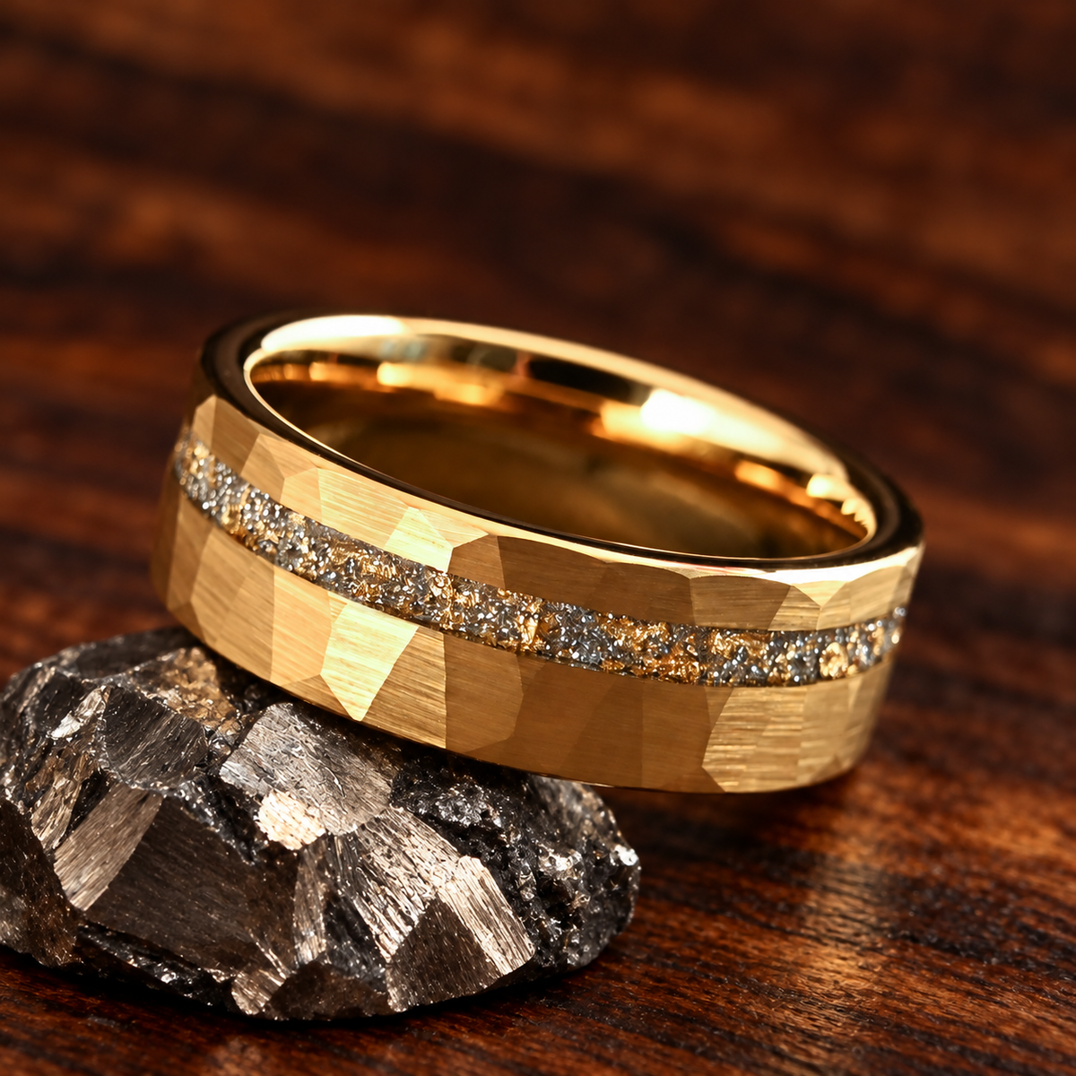 Hammered Gold Tungsten Ring With Gold Leaf and White Opal 