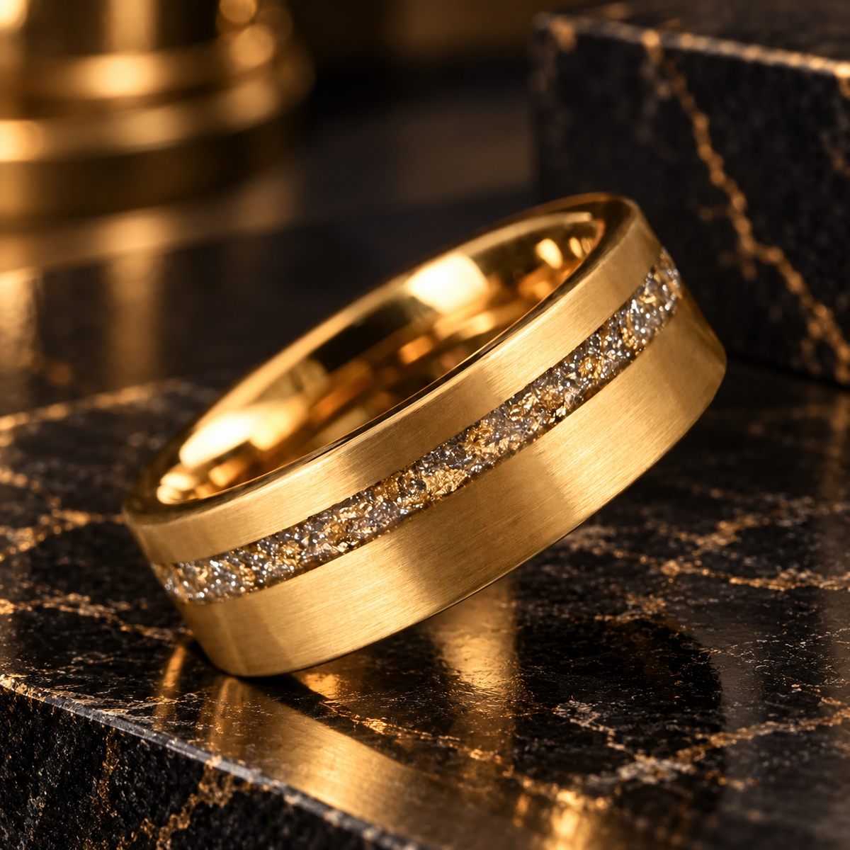 Gold Tungsten Ring With Gold Foil White Opal Inlay