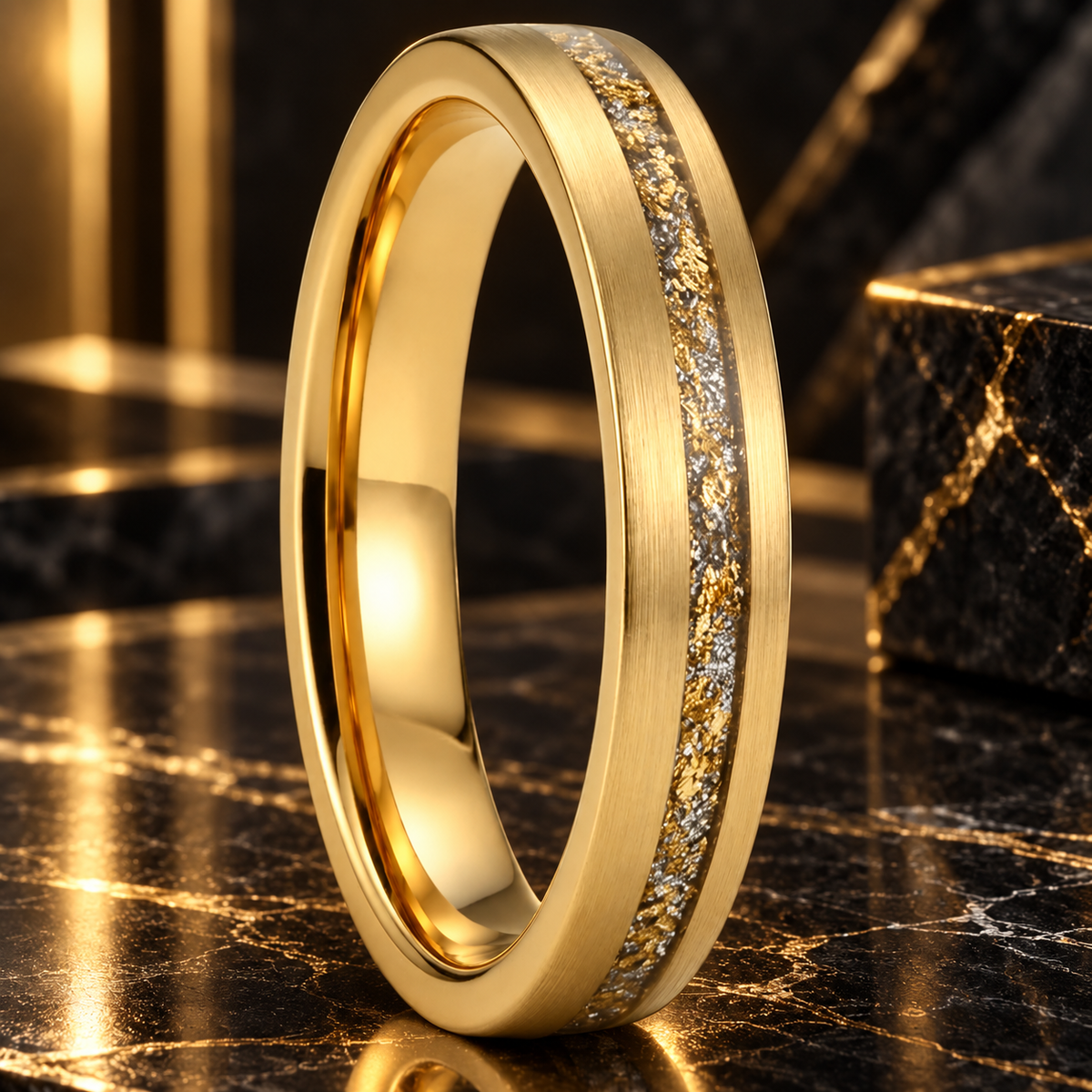 Gold Tungsten Ring With Gold Foil White Opal Inlay
