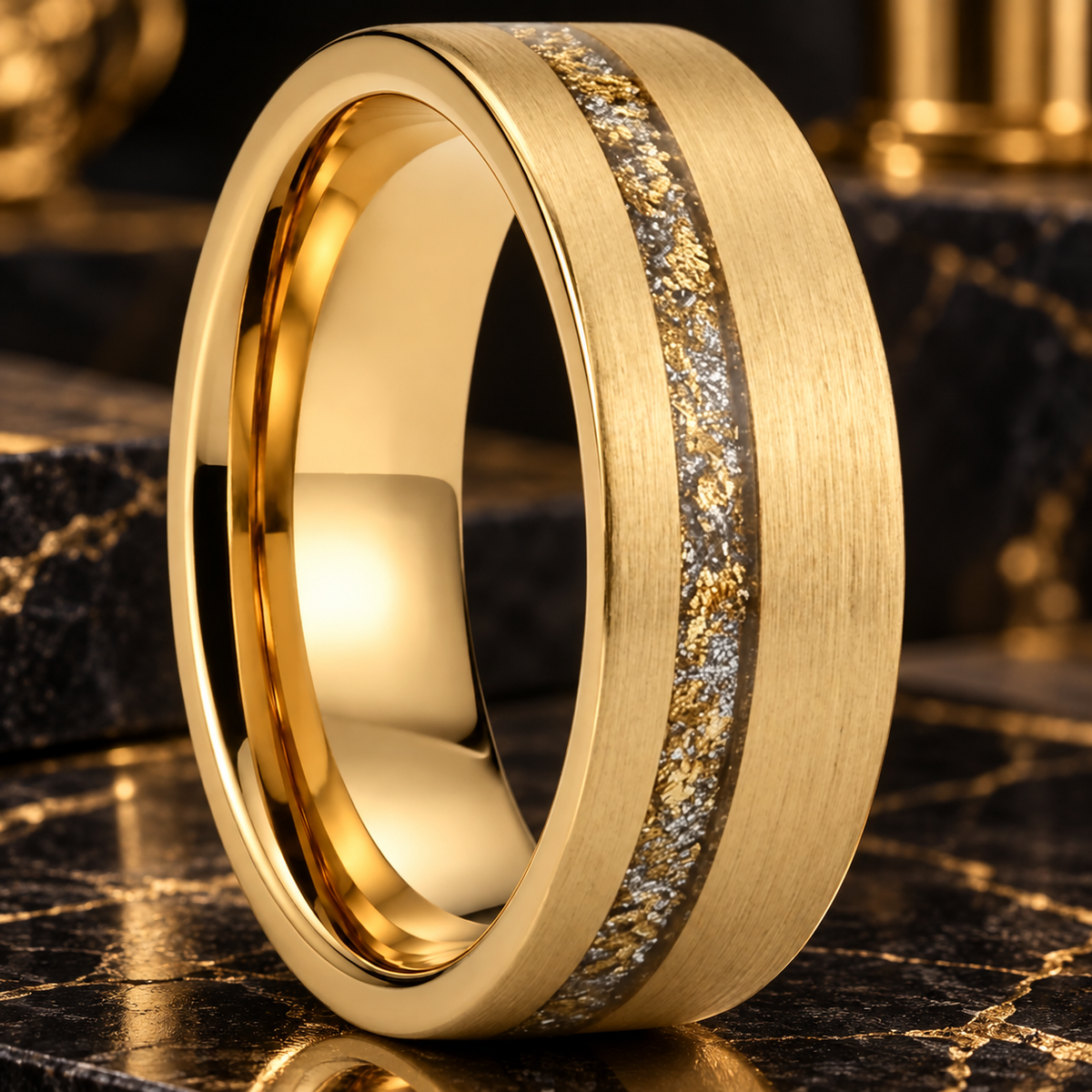 Gold Tungsten Ring With Gold Foil White Opal Inlay