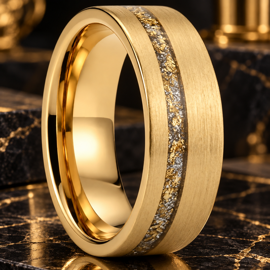 Gold Tungsten Ring With Gold Foil White Opal Inlay