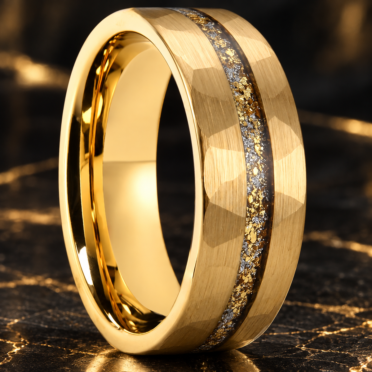 Hammered Gold Tungsten Ring With Gold Leaf and White Opal 