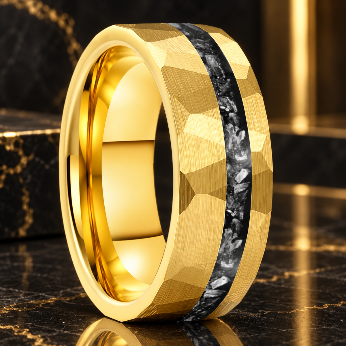 Hammered Tungsten Ring With Meteorite