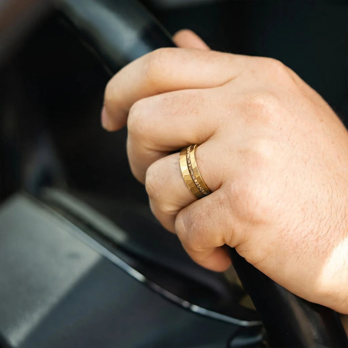 Hammered Gold Tungsten Ring With Gold Leaf and White Opal 