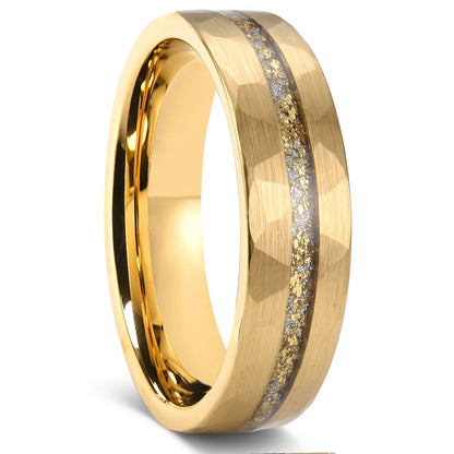 Hammered Gold Tungsten Ring With Gold Leaf and White Opal 