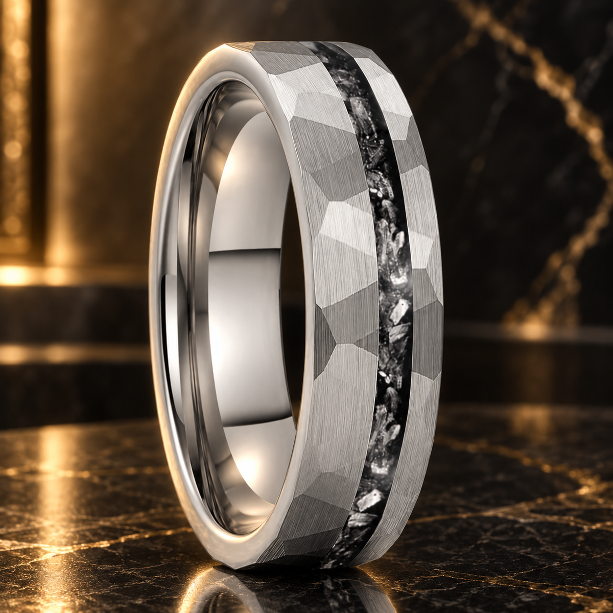 Hammered Tungsten Ring With Meteorite