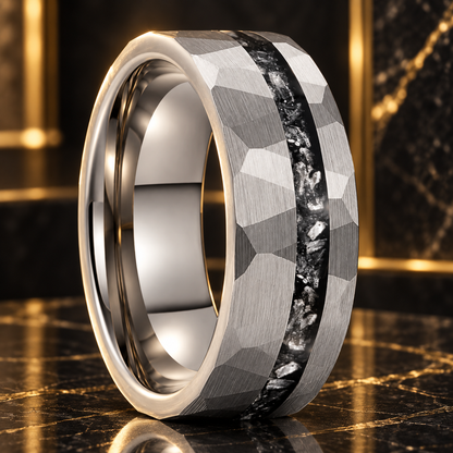 Hammered Tungsten Ring With Meteorite