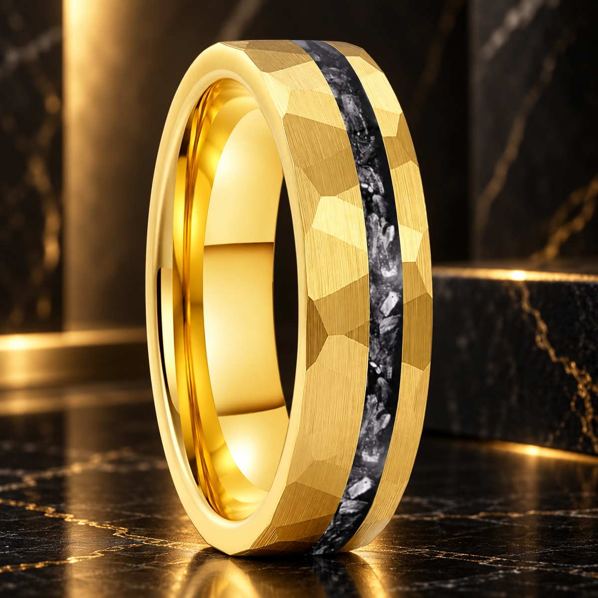 Hammered Tungsten Ring With Meteorite