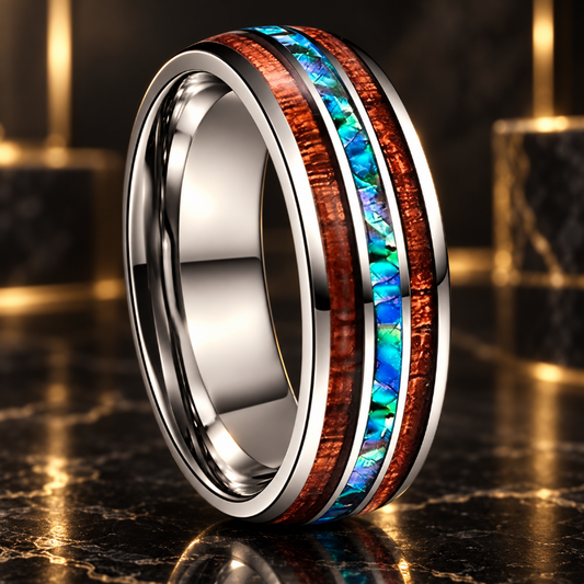 Hawaiian Koa Wood and Abalone Shell Tungsten Ring