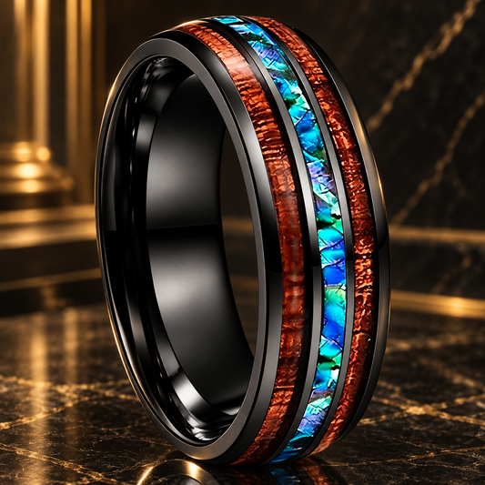 Hawaiian Koa Wood and Abalone Shell Tungsten Ring