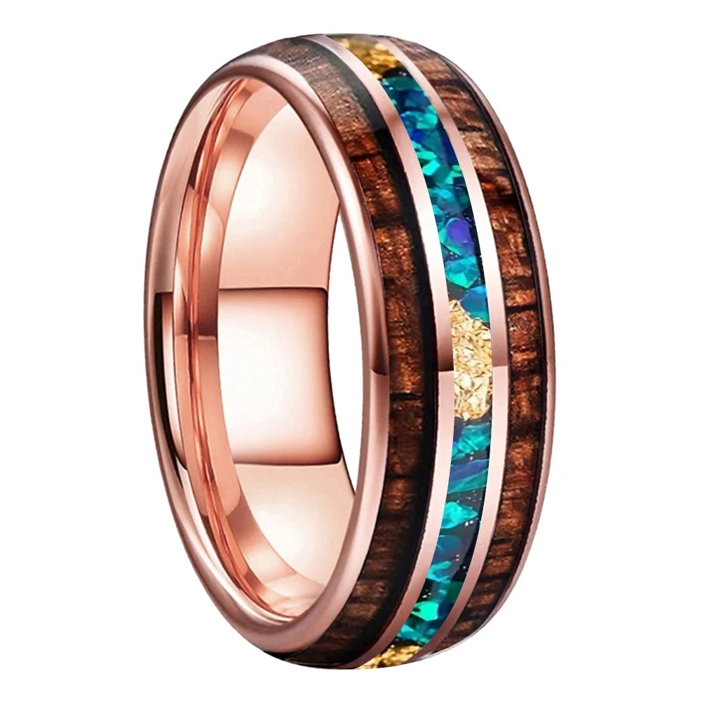 Koa Wood and Opal Tungsten Ring