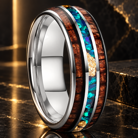 Koa Wood and Opal Tungsten Ring
