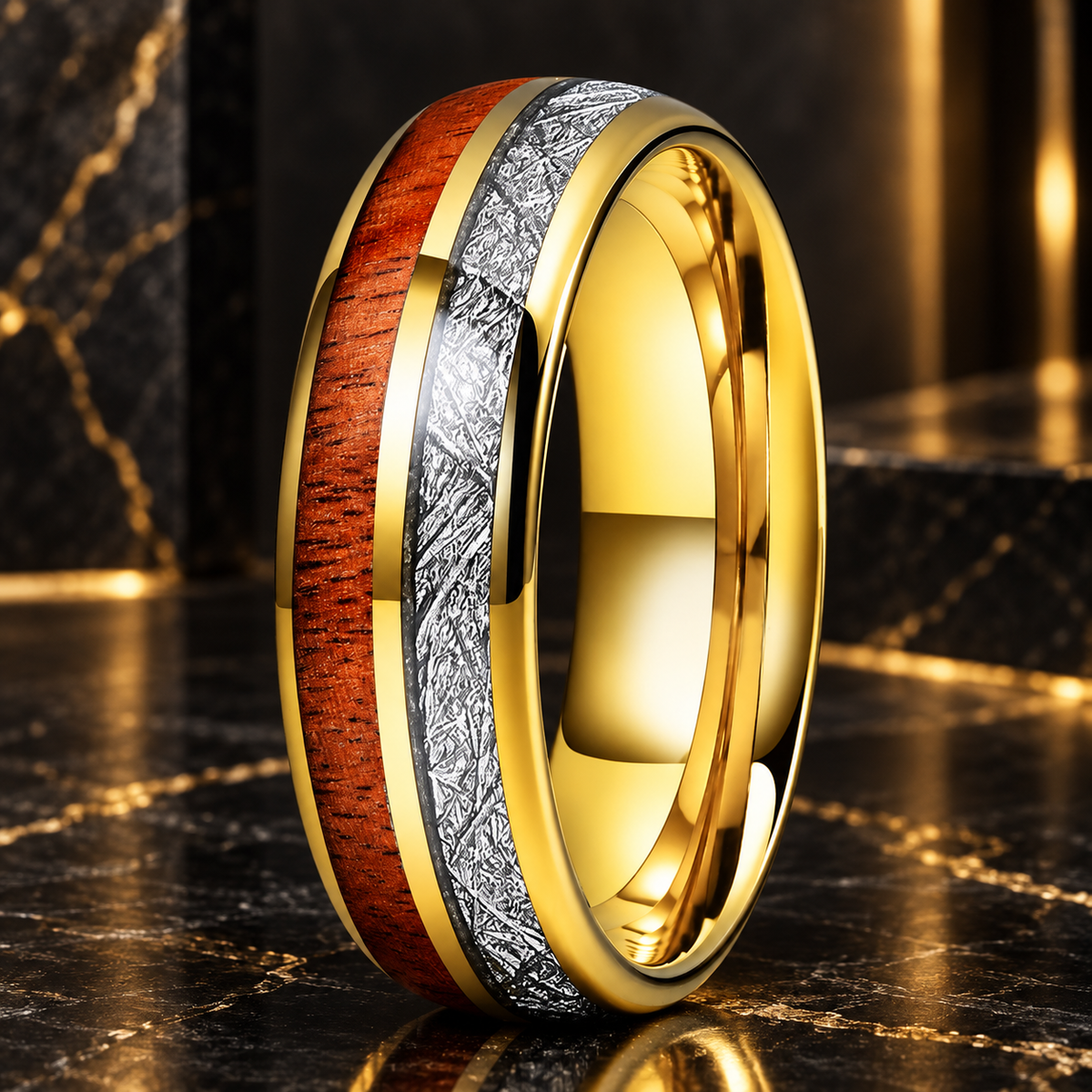 Koa Wood and Meteorite Inlay Tungsten Ring