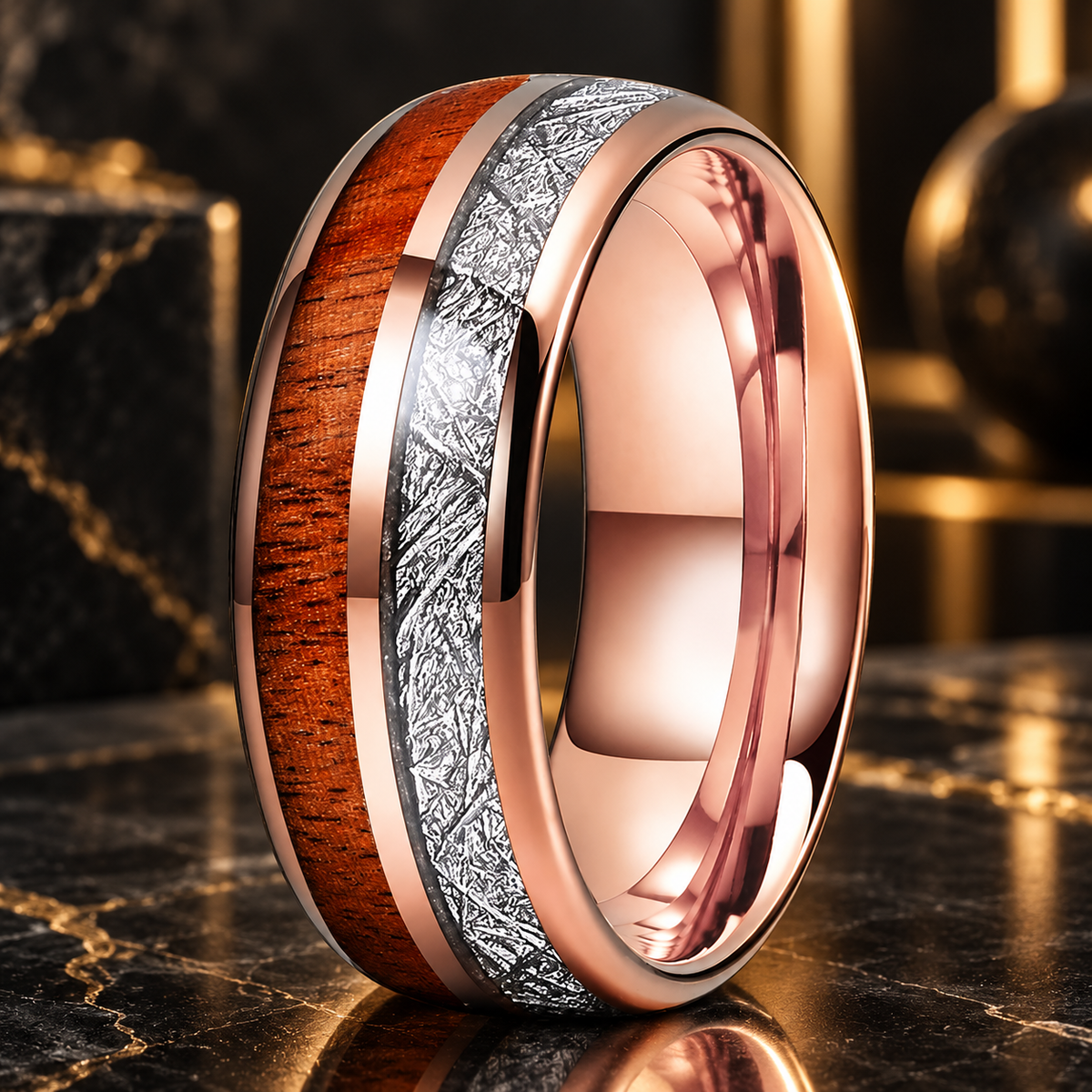 Koa Wood and Meteorite Inlay Tungsten Ring